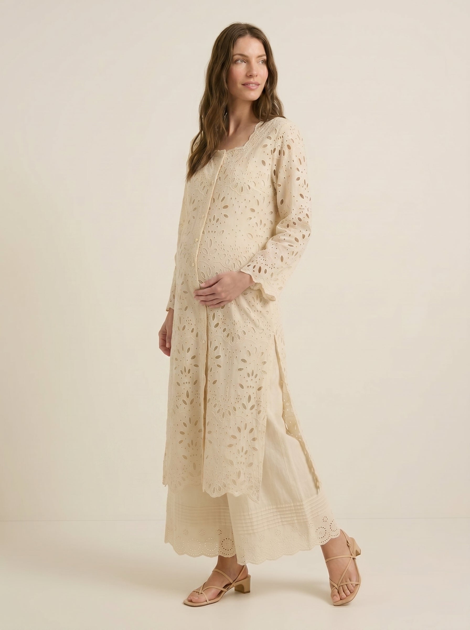 Exotic ivory eyelet maternity kurti set
