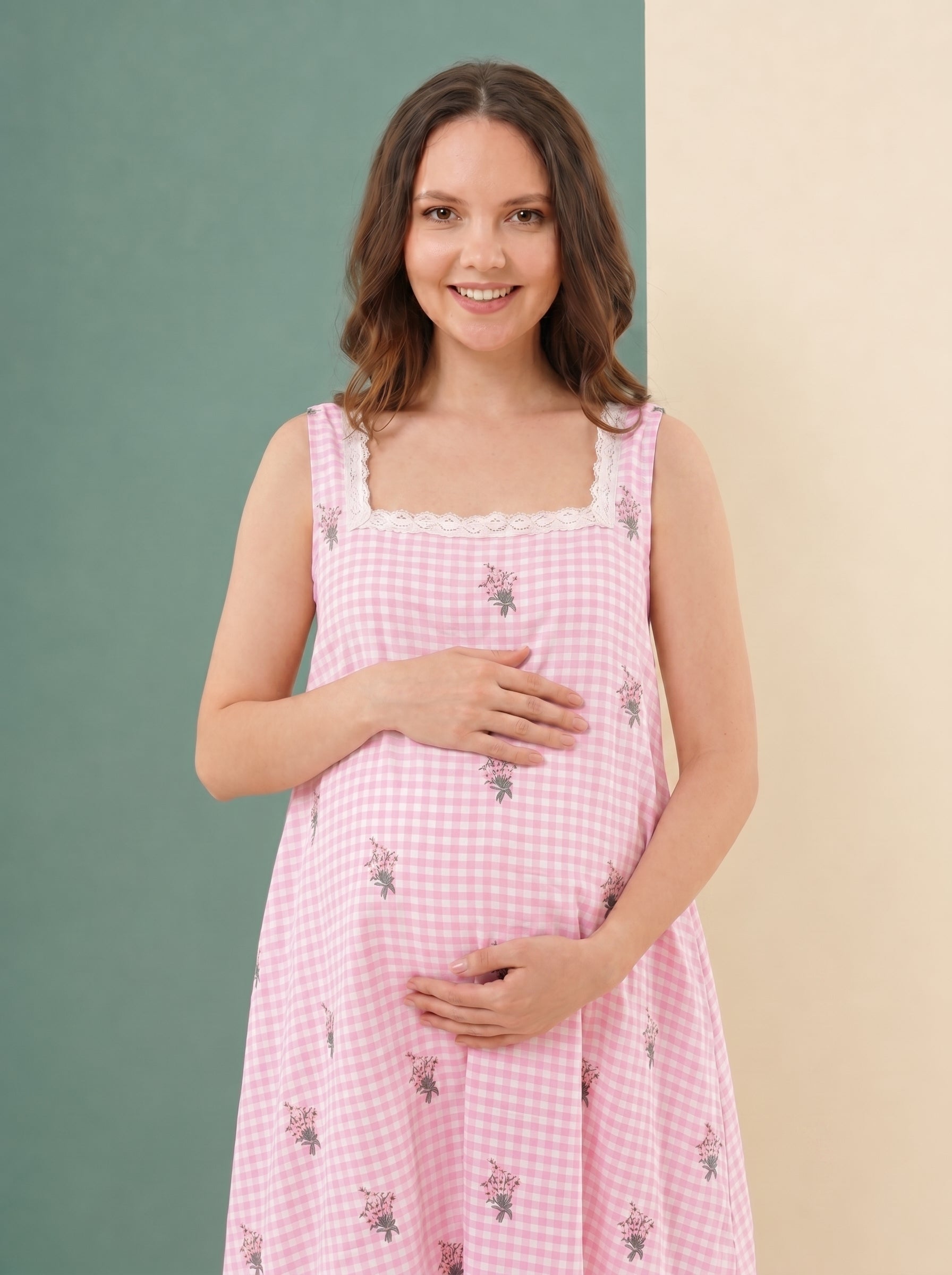 pink checkered  cottage core dress