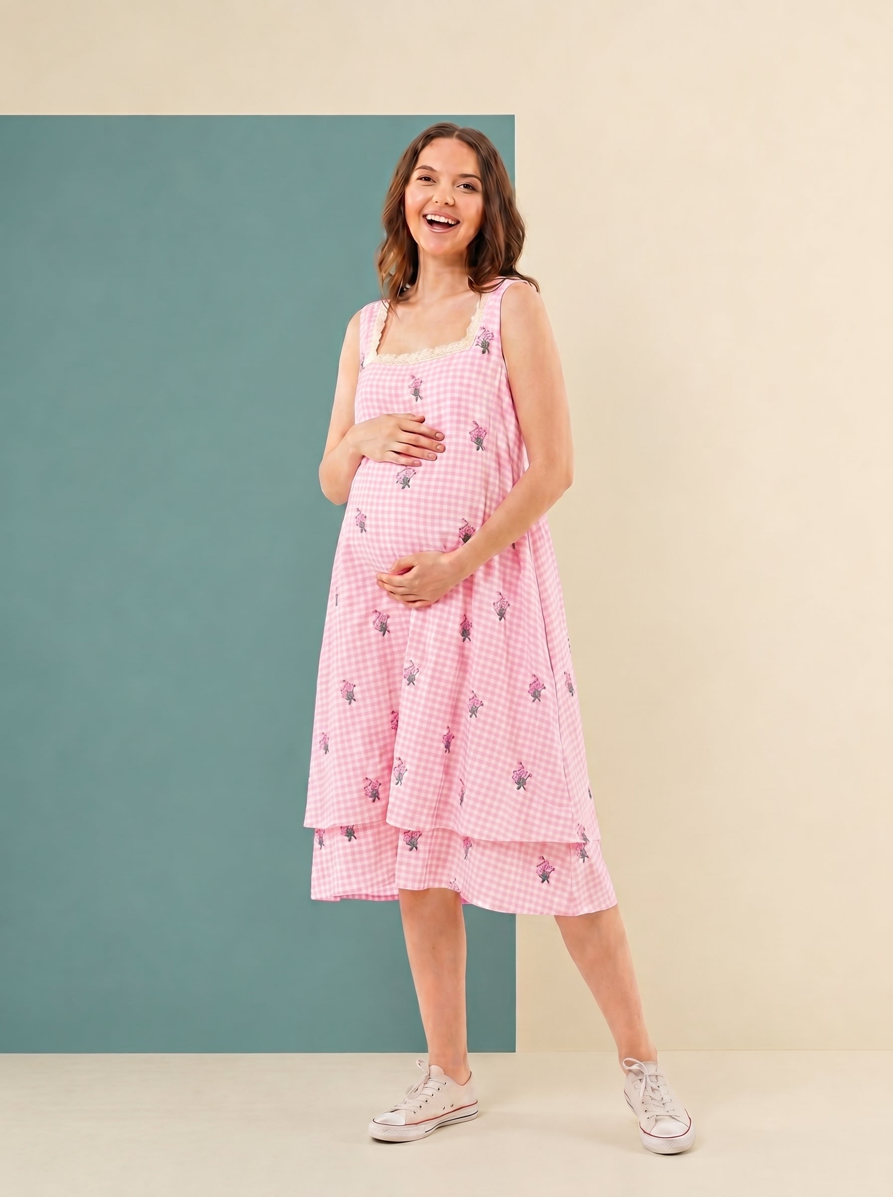 pink checkered  cottage core dress