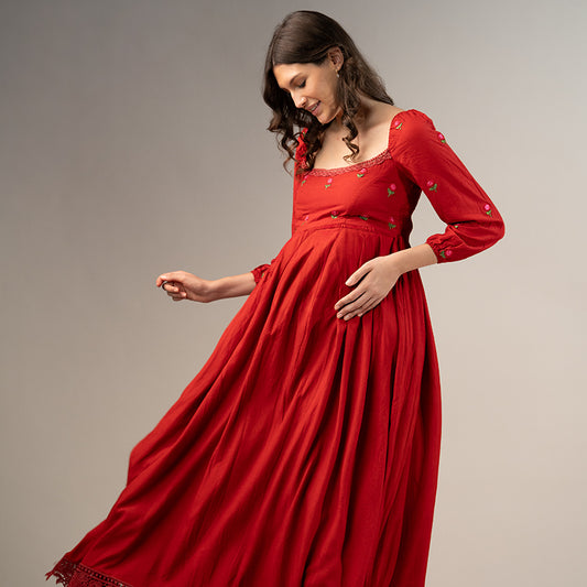 Scarlet Red Mulberry Cotton Maternity Dress