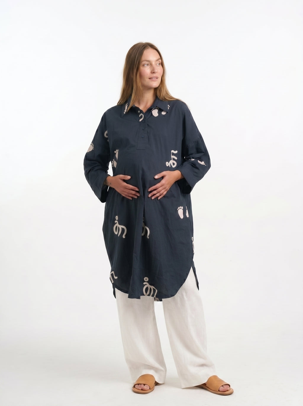 Baby Feet Print Cotton Satin Maternity Shirt Dress Co-Ord Set