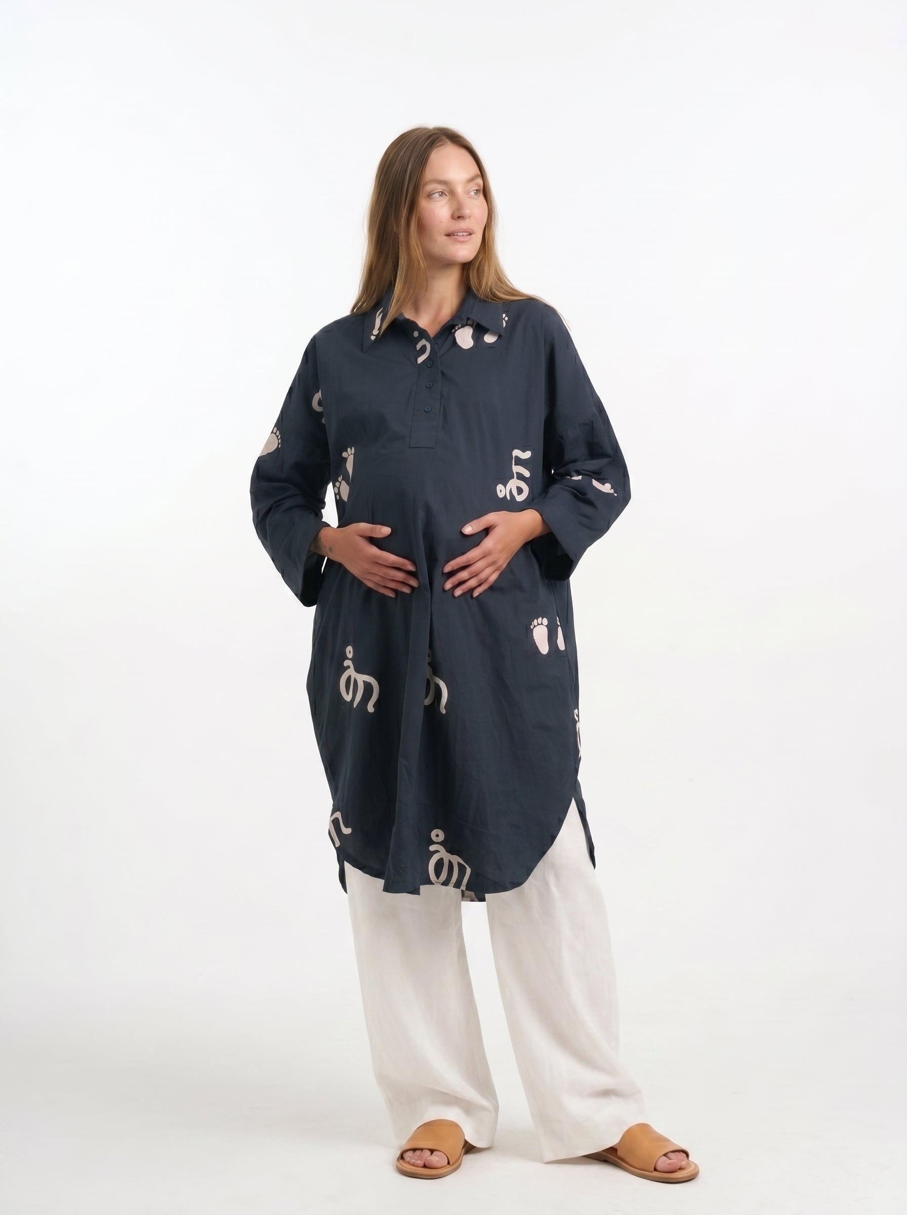 Baby Feet Print Cotton Satin Maternity Shirt Dress Co-Ord Set