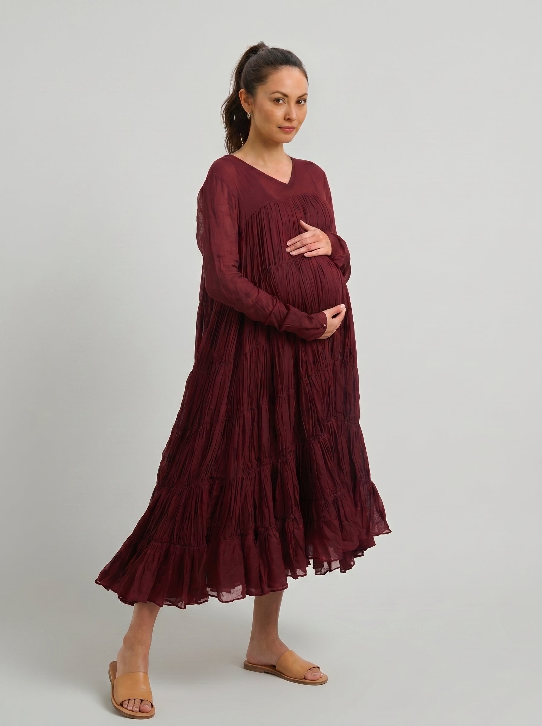 Maroon Mulmul Cotton 9-Meter Ghera Nursing Dress with Inner